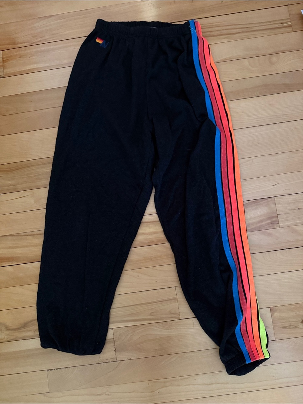 Aviator Nation Black Jogger Pants with Rainbow Side Stripes